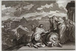 Bibelen til Royaumont, Det gamle testamente: Fleau of the Plague. Og da David hadde gjort skyggen av hele sitt folk ved en forfengelig bevegelse, plager Gud sitt rike med en pest som tar sytti tusen mann på tre dager. Illustrasjon fra 1811. av Unknown artist