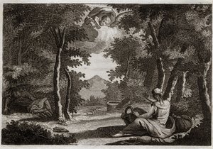 Bible of Royaumont, Old Testament: Flight of Agar. Agar (Hagar) rises tale Sara (Sarah) his mistress. Sara chats her insolence with severity. Agar cannot suffer her and fled from the house in the desert, or an Angel talks to her to bring her back with Sara av Unknown artist