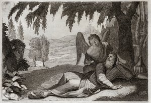 Bibelen til Royaumont, Det gamle testamente: Elias flukt. Elia som flykter fra Jesabels sinne, som ønsket hevn på ham for døden til hans falske profeter, blir støttet i ørkenen av en engel som bringer ham mat. Illustrasjon fra 1811. av Unknown artist