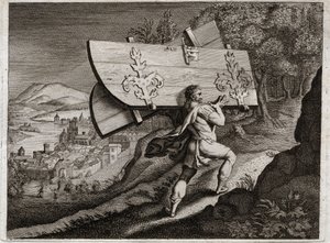 Bible of Royaumont, Old Testament: Gates of Gaza. Samson, lock up in Gaza, rip out the city gates. Illustration from 1811. av Unknown artist
