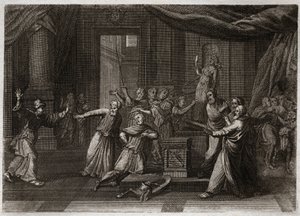 Bible of Royaumont, Old Testament: Generosite of Matathias. Mathathias (Mattathias), father of the Machabees (Maccabees, Macabees), kills a Jew who sacrificed to Idols by a holy zele of the law of God. Illustration from 1811. av Unknown artist