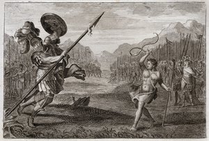 Bible of Royaumont, Old Testament: Giant Goliath. Goliath, Philistine, of prodigious greatness, is defeated by David, weapon only with a sling and a stick. Illustration from 1811. av Unknown artist