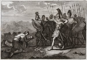 Bibelen til Royaumont, Det gamle testamente: Sauls hode. Filisterne nyter Sauls død, og ofrer hodet hans til deres avgud. David angrer på døden og drar til Judee, eller han blir anerkjent som konge i Hebron. Illustrasjon fra 1811. av Unknown artist