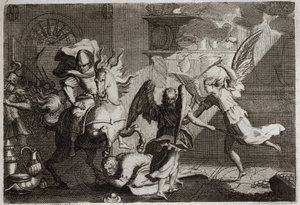 Bibelen til Royaumont, Det gamle testamente: Heliodor på jakt etter templet. Heliodore (Heliodoros) sendt av sin hersker for å plyndre Jerusalems tempel, ble slått med meter av engler. Illustrasjon fra 1811. av Unknown artist