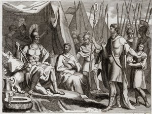 Bible of Royaumont, Old Testament: Holoferne. General of the Arm of Nebuchadnezzar II, Holoferne approaches Judea. Ahior, King of the Ammonites, who came to give back to him, lifts up before Holoferne the power of the God of the Jews. Illustration from 181 av Unknown artist