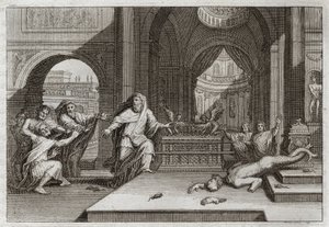 Bibelen til Royaumont, Det gamle testamente: Dagons idol. Og da filisterne satte paktens ark i templet ved siden av Dagon sin Gud, tok hun deres avgud ned og slo dem alle med en svært høstplage, som tvang dem til å sende henne bort. Illu av Unknown artist