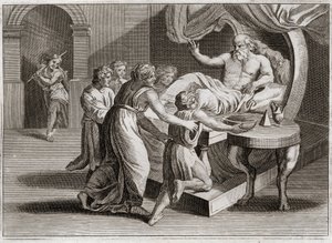 Bibelen til Royaumont, Det gamle testamente: Isak velsignet Jakob. Isak, som ønsker å velsigne Esau, gir Jakob sin velsignelse ved Rebekkas visdom, som hun tilhørte i henhold til Guds plan. Illustrasjon fra 1811. av Unknown artist