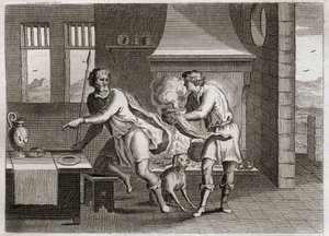 Bible of Royaumont, Old Testament: Jacob and Esau. Esau sells his brother Jacob his grandfather right for some lentils. Illustration from 1811. av Unknown artist