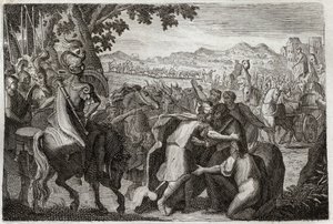 Bibelen til Royaumont, Det gamle testamente: Jakob drar til Egypt. Jakob skal finne Josef med hele familien. Illustrasjon fra 1811. av Unknown artist