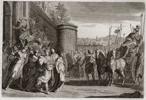 Bibelen til Royaumont, Det gamle testamente: Jephte ofrer datteren sin. Jephte, en av dommerne i Israel sverget å ofre til Gud den første personen som ville komme til ham etter hans seier mot ammonittene. Det var datteren hans. Illustrasjon fra 1811. av Unknown artist