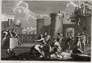Bible of Royaumont, Old Testament: Jerusalem rebatie. King Artaxerxes I sent Nehemia to Jerusalem with permission to rebel all its walls. Illustration from 1811. av Unknown artist