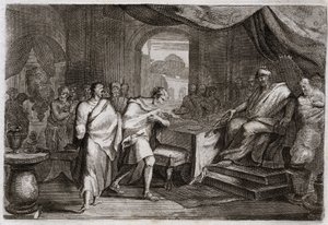 Bibelen til Royaumont, Det gamle testamente: Joachim skyter jern. Evilmerodach (Evil Merodac, Evil Merodac), konge av Babylon, etter Nebukadnesar IIs død, behandler Joakim (Joakim, Joachin, Jechoniah), en gang konge av Juda, og trekker ham fra jern for å s av Unknown artist