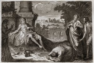 Bibelen til Royaumont, Det gamle testamente: Job på gjødsel. Den hellige mannen Job blir fristet av demonen som tar bort alt hans gode og alle hans barn, og slår ham med et forferdelig sår, og lar ham bare hans kone bære ham utålmodig. Illustrasjon fra 181 av Unknown artist