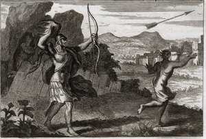 Bibelen til Royaumont, Det gamle testamente: Jonathan og David. Og da Jonatan så farens bitterhet, advarte Saul ham til å trekke seg tilbake. Illustrasjon fra 1811. av Unknown artist