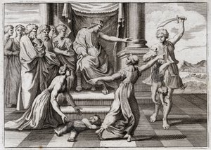 Bibelen til Royaumont, Det gamle testamente: Salomos dom. Salomos berømte dom mellom to kvinner, for å gjenkjenne hvem av de to som var mor til et barn, som begge hevdet å være henne. Illustrasjon fra 1811. av Unknown artist