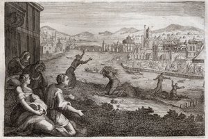 Bible of Royaumont, Old Testament: Midwives of Egypt. Pharaoh causes the male children of the Israelites to be thrown into the Nile. Illustration from 1811. av Unknown artist