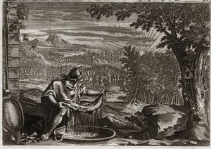 Bibelen til Royaumont, Det gamle testamente: skinnets mirakel. Gedeon (Gideon) fikk fra Gud ullets mirakel som bevis på at han hadde valgt det og at han ville gjøre det til folkets befrier. Illustrasjon fra 1811. av Unknown artist