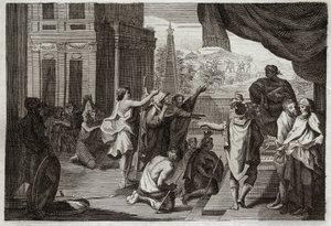 Bibelen til Royaumont, Det gamle testamente: Moses før farao. Moses ber farao om å la hebreerne gå ut i ørkenen for å ofre til Herren. Illustrasjon fra 1811. av Unknown artist