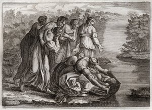 Bibelen til Royaumont, Det gamle testamente: Moses redder vann. Faraos datter trakk Moses tilbake fra Nilens vann og adopterte ham til sin sønn. Illustrasjon fra 1811. av Unknown artist