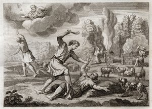 Bibelen til Royaumont, Det gamle testamente: Mordet på Abel. Kain bærer sin bror med misunnelse mot Abel, tar ham med ut på landet som om han skulle gå, og dreper ham. Illustrasjon fra 1811. av Unknown artist