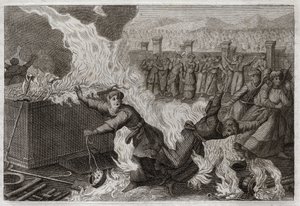 Bible of Royaumont, Old Testament: Nadab and Abiu. Nadab (Nadav) and Abiu (Abihou), the sons of Aaron, who set a foreign fire in their incenses, to offer incense unto God, were burned in the Tabernacle itself. Illustration from 1811. av Unknown artist