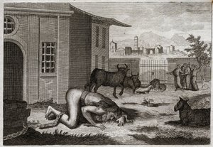 Bible of Royaumont, Old Testament: Nebuchadnezzar changes to bete. King Nebuchadnezzar II by just punishment for his pride is changed into bete. Illustration from 1811. av Unknown artist