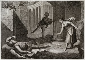 Bible of Royaumont, Old Testament: Old Tobie loses sight. The holy man Tobie loses sight, and suffers this evil with extreme patience. Illustration from 1811. av Unknown artist