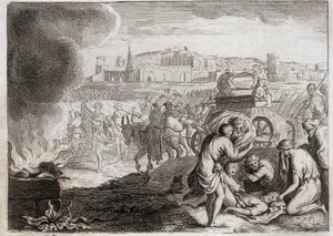 Bible of Royaumont, Old Testament: Oza strikes with God. David wants to bring the Ark of Covenant back home. Oza died, who put his hand there to stop him from falling. Illustration from 1811. av Unknown artist