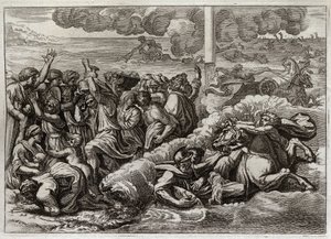 Bibelen til Royaumont, Det gamle testamente: Farao senker seg i Rødehavet. Passasjen av Rødehavet av Moses og hebreerne, og druknet Faraos hær. Illustrasjon fra 1811. av Unknown artist