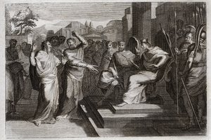 Bible of Royaumont, Old Testament: Piete of Josaphat. Jehoshaphat, the most pious king of Judah, makes all the princes that are round about him tremble, and testifies in various ways his piety toward God, which made him victorious over his enemies. Illustr av Unknown artist