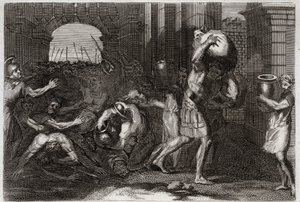 Bible of Royaumont, Old Testament: Prediction of Elisee. A Lord of Samaria, having misled the words of Elisee, is crowded at his feet. Illustration from 1811. av Unknown artist