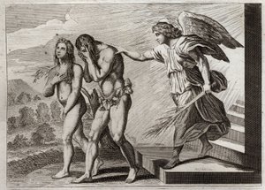 Bible of Royaumont, Old Testament: Punishment of Adam. God drives Adam and Eve out of Paradise after they fall, and puts a Cherubin at the door to defend their entrance. Illustration from 1811. av Unknown artist