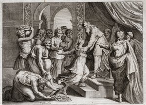 Bible of Royaumont, Old Testament: Queen of Sheba. The Queen of Sheba comes to Solomon to listen to his wisdom and to offer him presents. Illustration from 1811. av Unknown artist