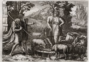 Bibelen til Royaumont, Det gamle testamente: Rachel og Lea. Jakob tjener Laban, onkelen hans, for å få datteren Rachel gift. Illustrasjon fra 1811. av Unknown artist