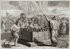 Bibelen til Royaumont, Det gamle testamente: Elias offer. Og etter å ha gjort den sanne Gud kjent ved ildens under som kom ned fra himmelen ved hans offer, befalte han folket å drepe de fire hundre og femti prestene til Ba