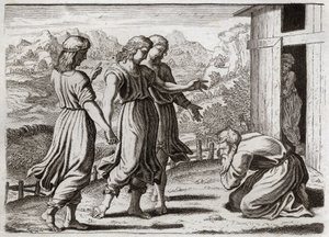 Bibelen til Royaumont, Det gamle testamente: Sara samler Isak. Abraham mottar tre engler som lover Sara (Sarah) at hun skal få en sønn om et år. Illustrasjon fra 1811. av Unknown artist