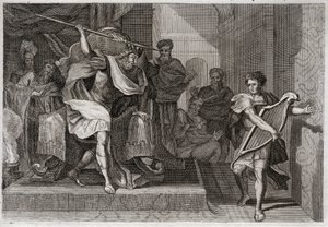 Bibelen til Royaumont, Det gamle testamente: Saul vil drepe David. Saul full av sinne og misunnelse mot David, vil stikke hull på spydet hans da han spilte på harpe foran ham. Illustrasjon fra 1811. av Unknown artist