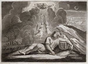 Bibelen til Royaumont, Det gamle testamente: Jakobs målestokk. Jakob flykter fra Esaus sinne og lever i en mystisk stige. Illustrasjon fra 1811. av Unknown artist