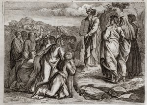 Bibelen til Royaumont, Det gamle testamente: Lovens andre tabeller. Gud gir Moses andre bord (ti bud), som folket mottar med respekt. Illustrasjon fra 1811. av Unknown artist