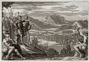 Bible of Royaumont, Old Testament: Soldiers of Gedeon. God commands Gedeon (Gideon) to lead all his troops to the Jordan River, and gives him a mark to discern those whom he was to use to fight against the Midianites. Illustration from 1811. av Unknown artist