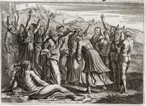 Bible of Royaumont, Old Testament: Solomon King. David established Solomon King at the prayers of Bethsabee and Prophete Nathan. Illustration from 1811. av Unknown artist