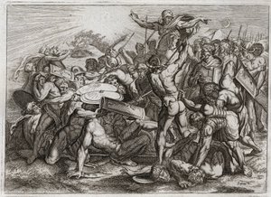 Bibelen til Royaumont, Det gamle testamente: Sun Stop. Joshua som jager sine amorittiske fiender (amorritter) får solen til å stoppe, slik at han kan få mer tid til å angre dem. Illustrasjon fra 1811. av Unknown artist