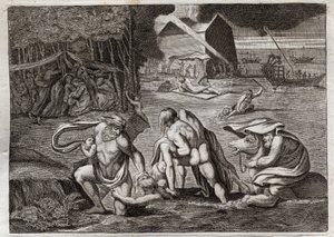 Bibelen til Royaumont, Det gamle testamente: Syndfloden. Syndfloden oversvømmer hele jorden. Den eneste arken redder de som var innelåst i den fra denne forliset. Illustrasjon fra 1811. av Unknown artist