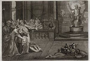 Bibelen til Royaumont, Det gamle testamente: Idolet til Bel. Daniel ødela Idol of Bel, og drepte en drage som babylonerne tilbad. Illustrasjon fra 1811. av Unknown artist