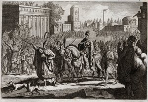 Bible of Royaumont, Old Testament: Triumph of Mardochee. Aman (Haman) is forced by the King to publish the triumph of Mardochee (or Mordekhai or Mordecai) his enemy throughout the city of Susan (better known as Susa). Illustration from 1811. av Unknown artist