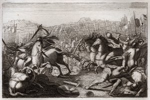Bibelen til Royaumont, Det gamle testamente: Judas seier. Judas Maccabee (Maccabee, Maccabee) beseiret Apollonius, Seron, Ptolemaios Macron, Gorgias, Nicanor og Lysias i forskjellige slag. Illustrasjon fra av Unknown artist