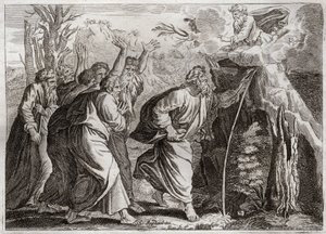 Bibelen til Royaumont, Det gamle testamente: Vann fra klippen. Moses fører vann ut av klippen og gir Israels folk å drikke. Illustrasjon fra 1811. av Unknown artist