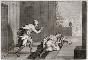 Bibelen til Royaumont, Det gamle testamente: Woman of the Outragee Levite. Levittens kone ble funnet død ved døren etter å ha blitt mishandlet av kjeltringer. Illustrasjon fra 1811. av Unknown artist