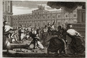 Bibelen til Royaumont, Det gamle testamente: Sakarja steinet. Sakarja, ypperstepresten, blir steinet på befaling av Joash (Jehoash) konge av Juda, fordi han tok ham fra hans ordre. Illustrasjon fra 1811. av Unknown artist