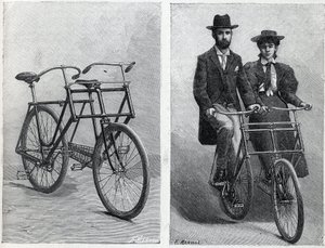 Bicycle has two seats from the manufacture “” Punnett Cycle”” without and with cyclists. Engraving in “” La Nature”” av Unknown artist